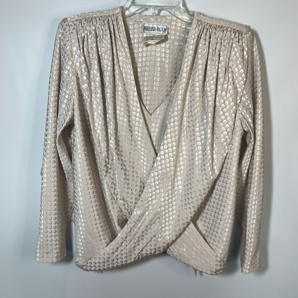 Heiser-Egan Women's Polka Dots Long Sleeve V-Neck Satin Blouse Cream Size 10